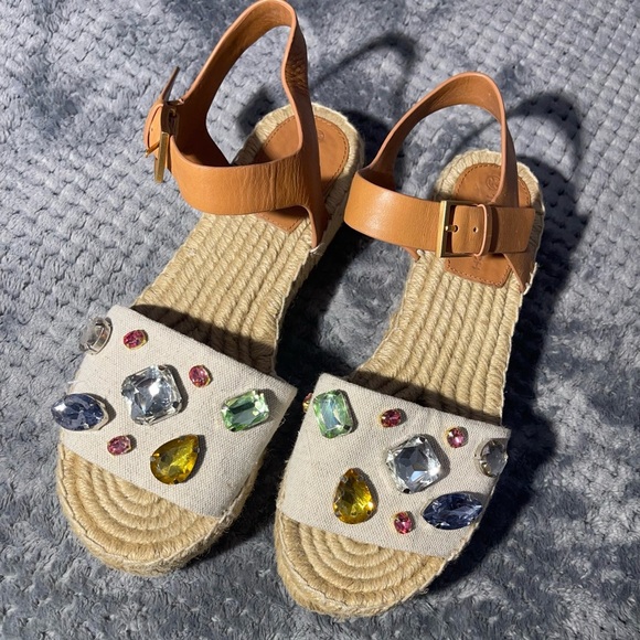 Tory Burch Crystal Raffia 30MM Platform Espadrille - Size 9M - Picture 1 of 9